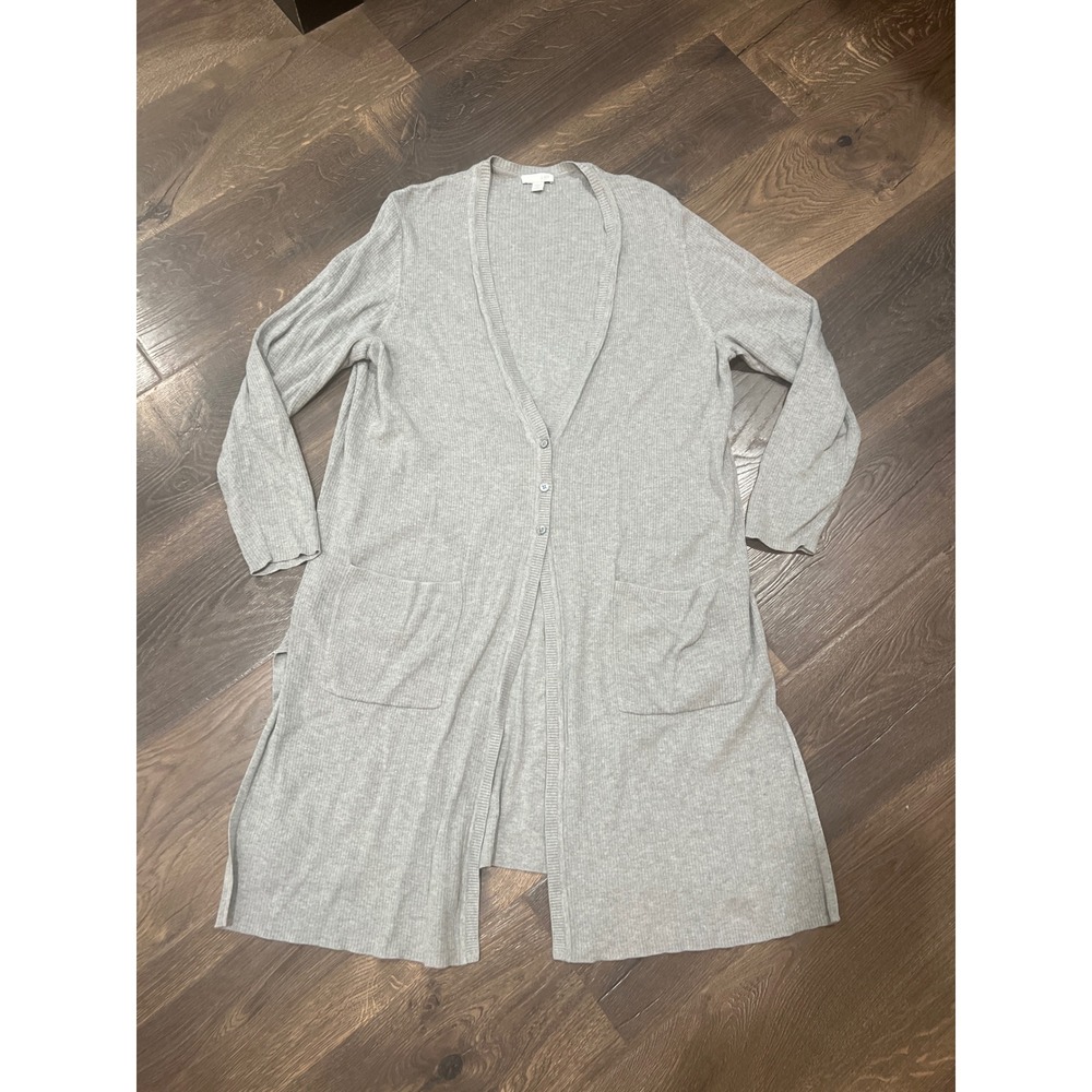 JJILL Women's Grey Ribbed‎ Longline Cardigan Sweater Open Front Pockets Size 1x